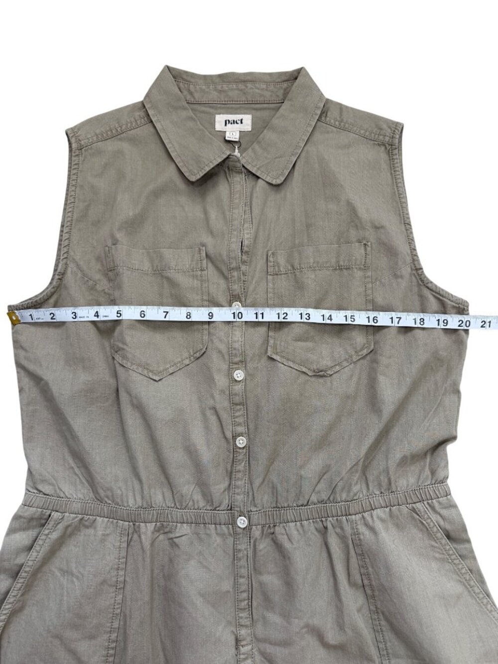 Pact Womens Size L Sleeveless Romper Button-Up Organic Cotton In Khaki NEW - Picture 6 of 8